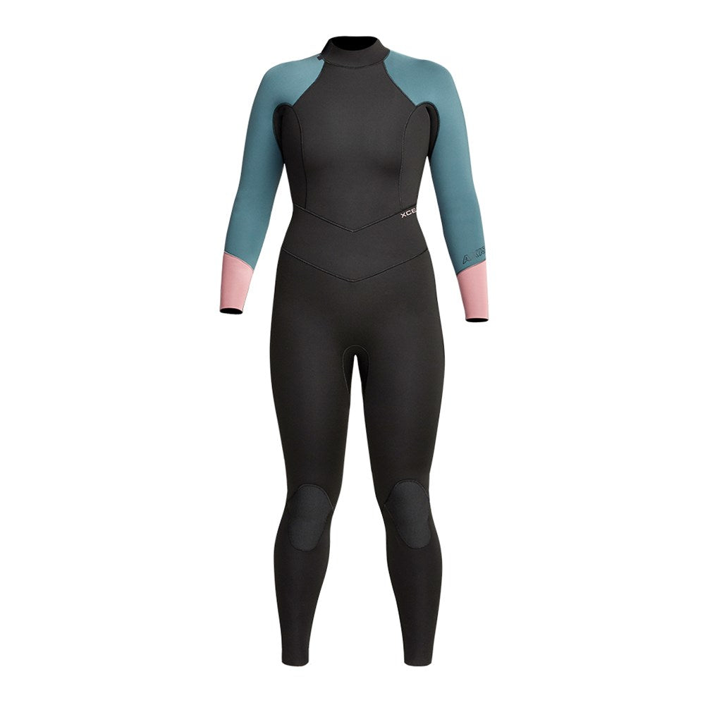 XCEL Womens Axis Back Zip 3/2mm Fullsuit Black-Tinfoil-Mesa Rose