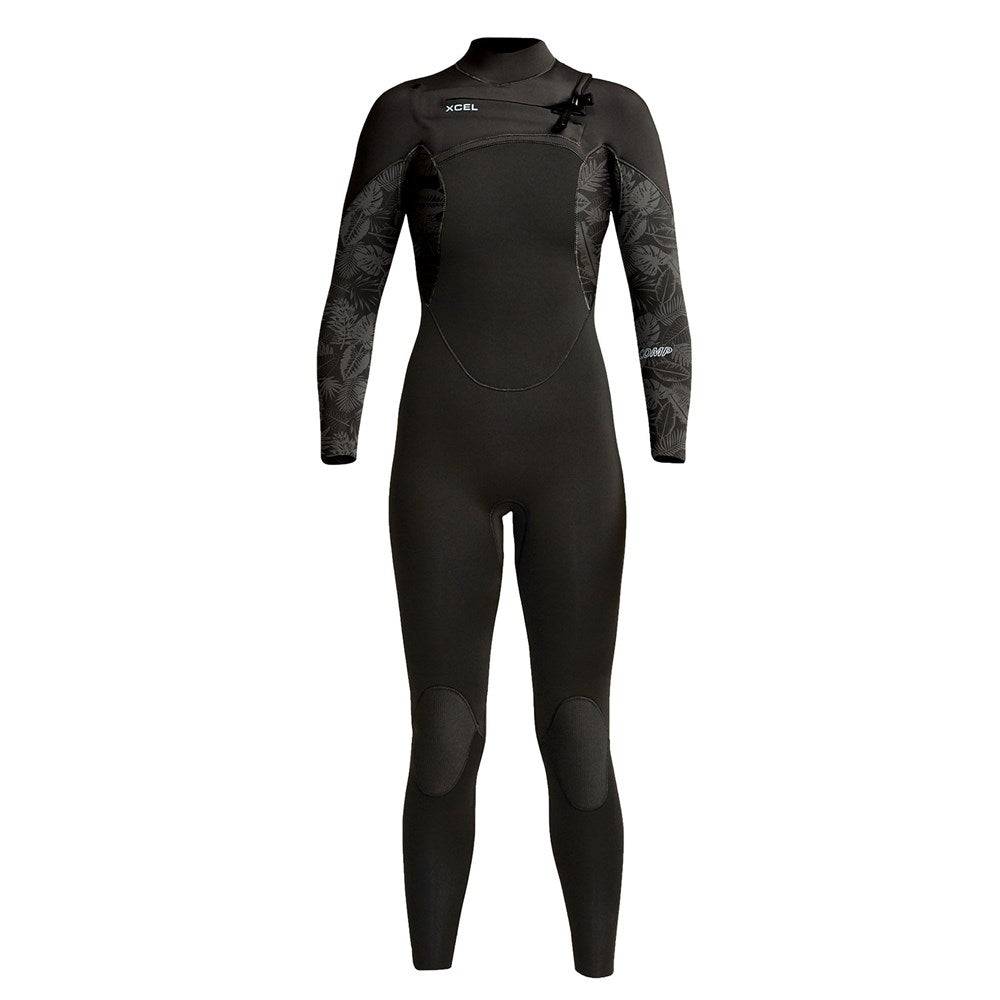 XCEL Womens Comp 4/3mm Front Zip Fullsuit Black-Black Flower